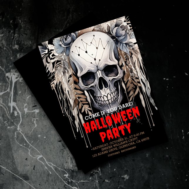 Invitación Moderna fiesta de halloween negra con cráneo malva (Elevate your upcoming event with uniquely spooky and captivatingly designed Halloween invitations!)