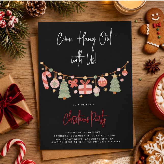 Invitación Moderna fiesta de Navidad de 'Ven a pasar el rato' (Modern 'Come Hang Out' Santa Claus Christmas Party Invitation)