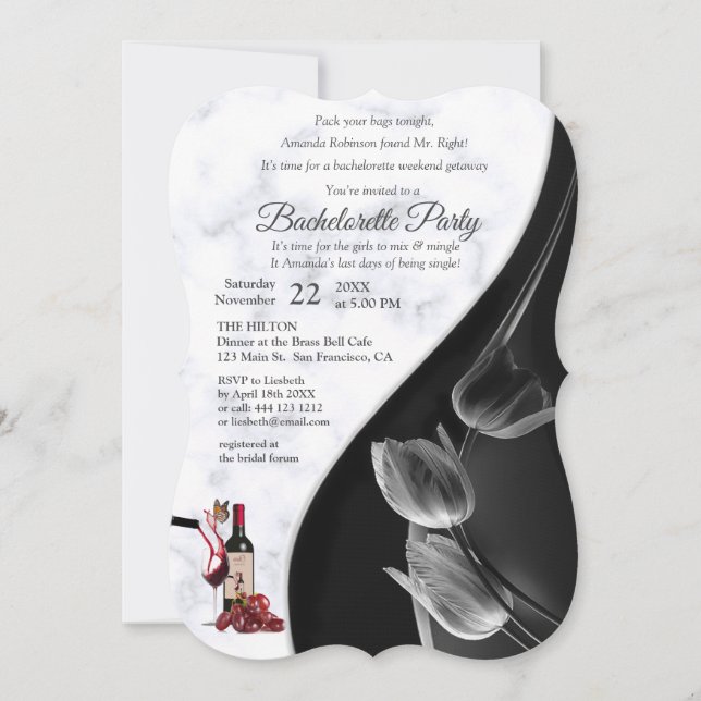 Invitación Moderna fiesta de soltera de mármol blanco y negro (Anverso)
