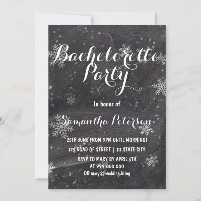 Invitación Moderna fiesta de soltera en la pizarra de nieve d (Anverso)