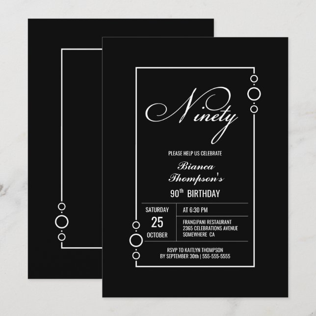Invitación Moderna fiesta Minimalista de cumpleaños 90 Black (Anverso / Reverso)
