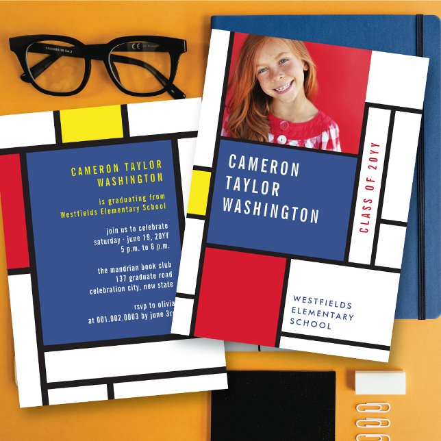 Invitación Moderna fiesta Minimalista de graduación de fotos  (Modern Minimalist Mondrian Photo Graduation Party Invitation | fatfatin @ zazzle.com/color_therapy)