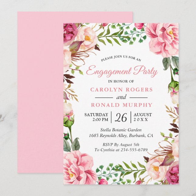 Invitación Moderna fiesta romántica de compromiso floral rosa (Anverso / Reverso)