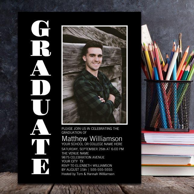 Invitación Moderna fiesta simple de graduación de fotos en bl (Subido por el creador)