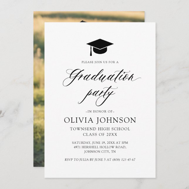 Invitación Moderna fiesta simple de graduación de fotos Minim (Anverso / Reverso)