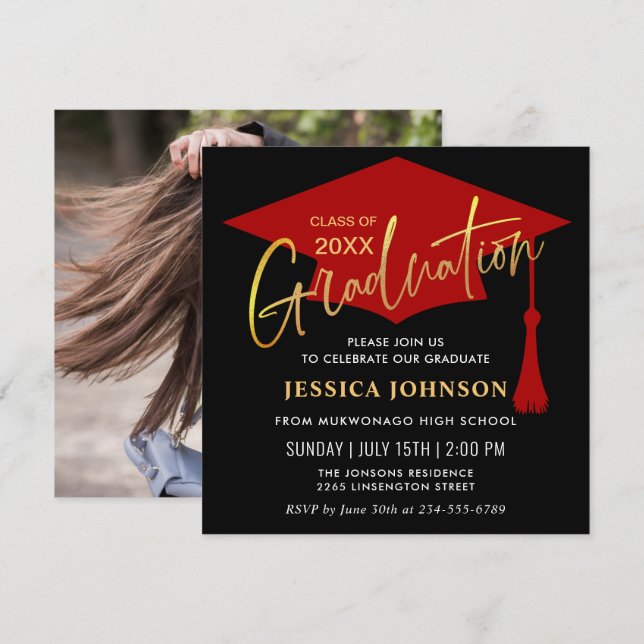 Invitación Moderna fiesta simple de graduación dorada roja (Anverso / Reverso)