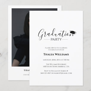 Invitación Moderna fiesta simple de graduación en blanco y ne