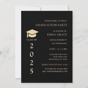 Invitación Moderna fiesta simple de graduación en negro y oro