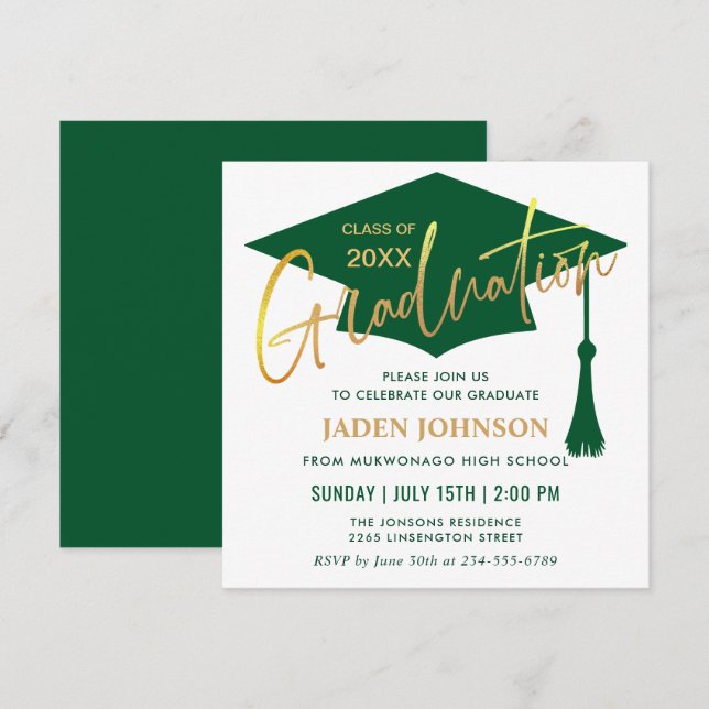 Invitación Moderna fiesta simple de graduación verde dorado (Anverso / Reverso)