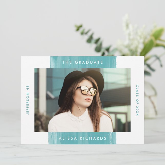 Invitación Moderna fiesta Verde azulada de graduación fotográ (Anverso de pie)