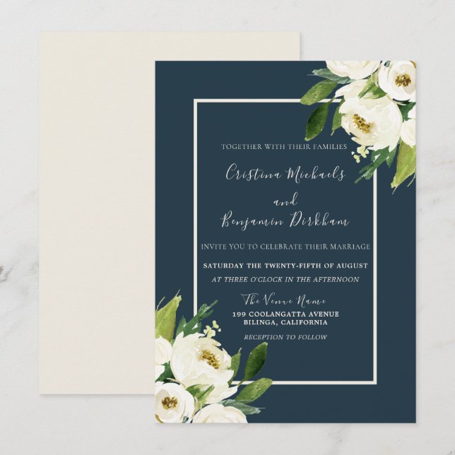Invitación Moderna Floral Blanca Elegante Boda de Verdor (Anverso / Reverso)