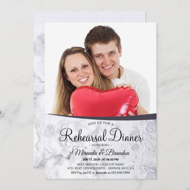 Invitación Moderna Floral de mármol blanco foto ensayo cena (Anverso / Reverso)