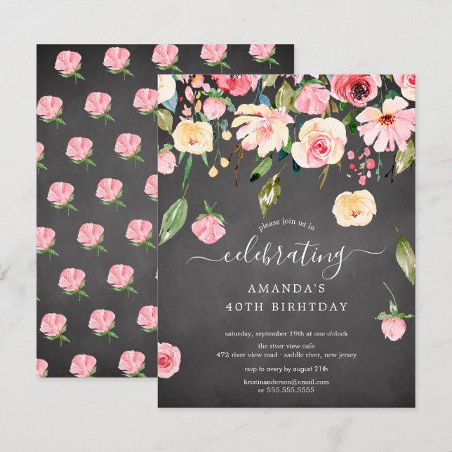 Invitación Moderna Floral Drop Pink Peonies Cumpleaños Party  (Anverso / Reverso)