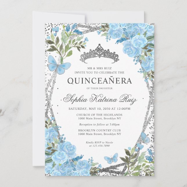 Invitación Moderna Floral Dusty Blue Silver Tiara Quinceañera (Anverso)