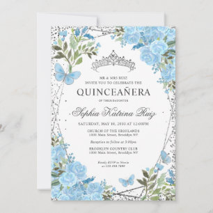 Invitación Moderna Floral Dusty Blue Silver Tiara Quinceañera