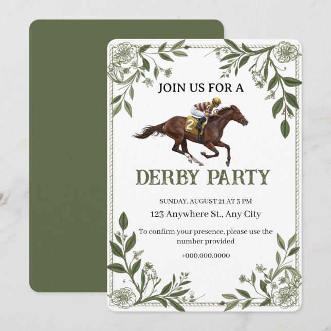 Invitación moderna floral ecuestre Derby (Anverso / Reverso)