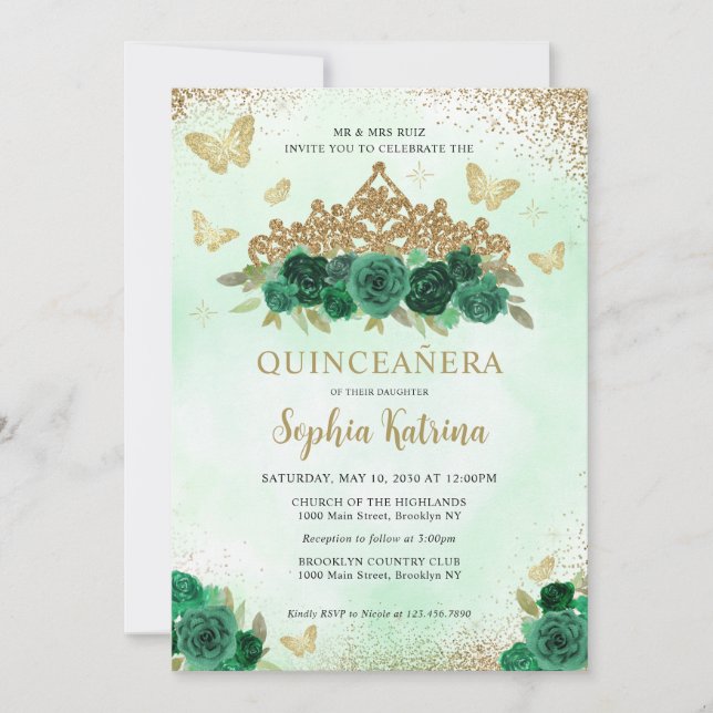 Invitación Moderna Floral Esmeralda Verde Oro Tiara Quinceañe (Anverso)