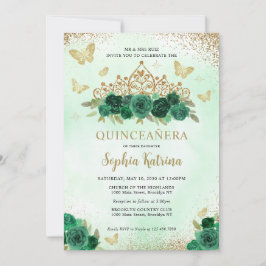 Invitación Moderna Floral Esmeralda Verde Oro Tiara Quinceañe