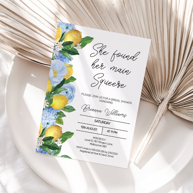 Invitación Moderna Floral Lemon Main Squeeze Bridal Shower (She Found Her Main Squeeze Bridal Shower Invitation, Lemon Bridal Shower Invitation Template Blue)