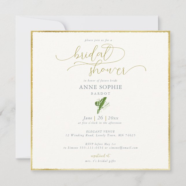 Invitación Moderna Floral Lily Valley Gold Frame Bridal Showe (Anverso)