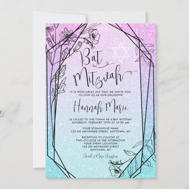 Invitación Moderna Floral Morado Verde azulado Faux Purpurina (Anverso)