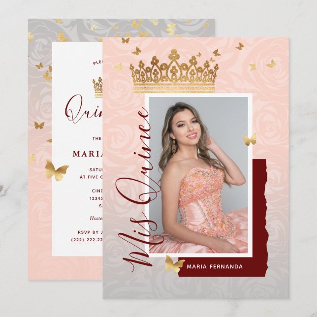 Invitación Moderna Floral Oro Rosa Elegante Foto Quinceanera (Anverso / Reverso)