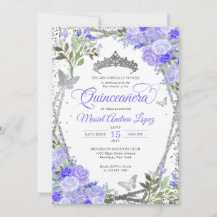 Invitación Moderna Floral Purple Glam Silver Tiara Quinceañer