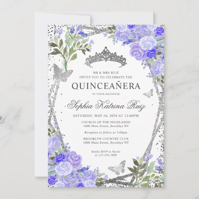 Invitación Moderna Floral Purple Glam Silver Tiara Quinceañer (Anverso)