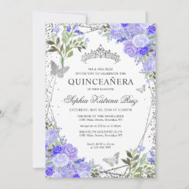 Invitación Moderna Floral Purple Glam Silver Tiara Quinceañer