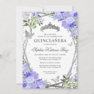 Invitación Moderna Floral Purple Glam Silver Tiara Quinceañer