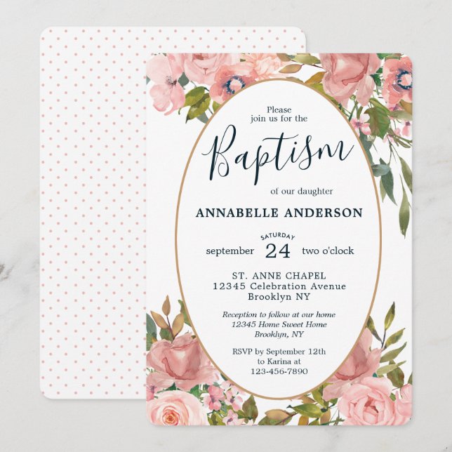 Invitación Moderna floral rosa Rubor Gold Garden Baptism (Anverso / Reverso)