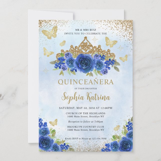 Invitación Moderna Floral Royal Blue Gold Tiara Quinceañera (Anverso)