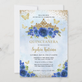Invitación Moderna Floral Royal Blue Gold Tiara Quinceañera