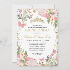 Invitación Moderna floral Rubor Rosa Gold Tiara Quinceañera