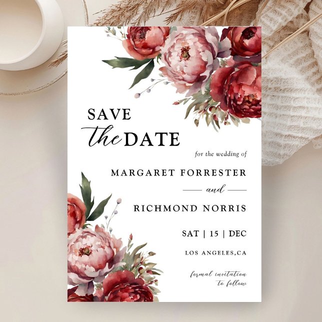Invitación Moderna Floral Rustica Borgoña Rubor Salva La Fech (Subido por el creador)