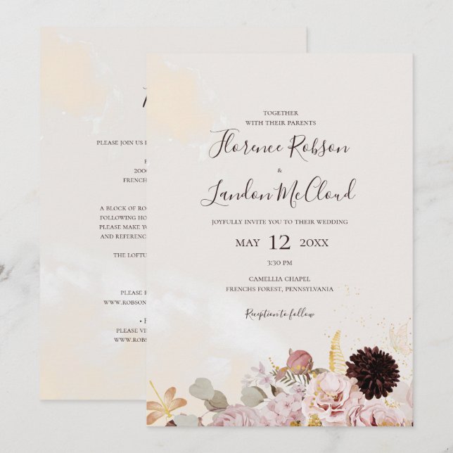 Invitación Moderna Floral Simple Acuarela Todo En Un Boda (Anverso / Reverso)