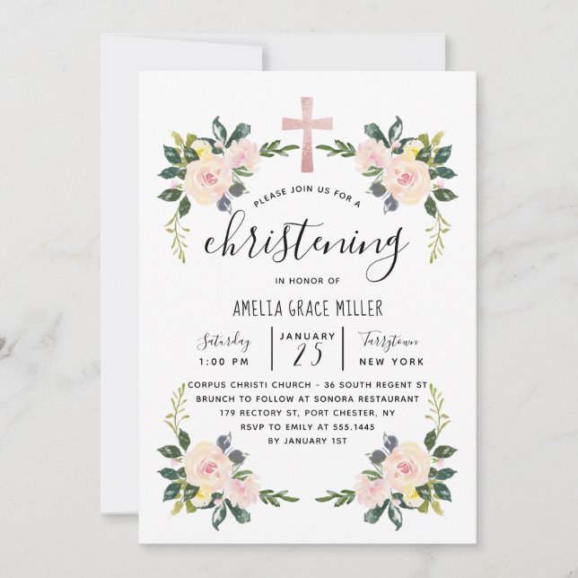 Invitación moderna floral suave del bautizo de (Anverso)