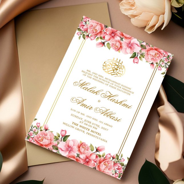 Invitación Moderna floral y marco dorado islámico Boda musulm (Subido por el creador)