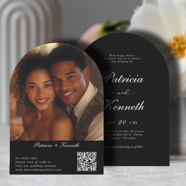 Invitación Moderna foto Boda de código QR en arco blanco y ne (Subido por el creador)