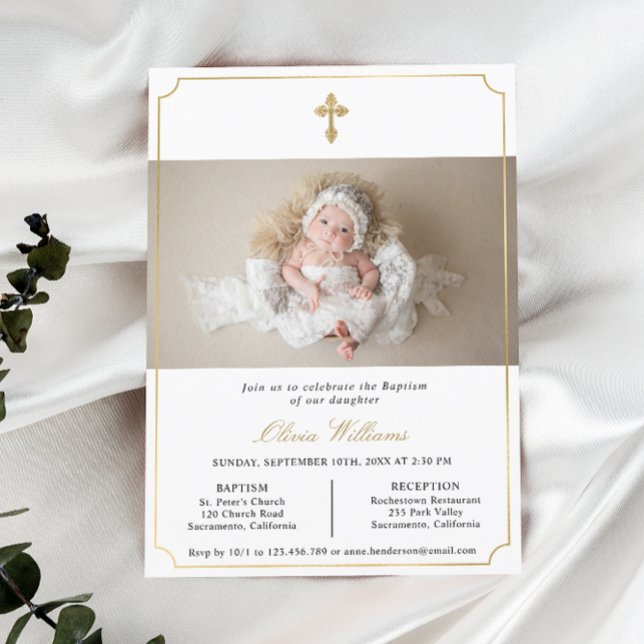 Invitación Moderna foto de bautismo de bebé de oro mínimo con (Subido por el creador)