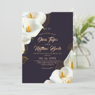 Invitación Moderna Foto de Boda Floral Blanca y Morada Elegan