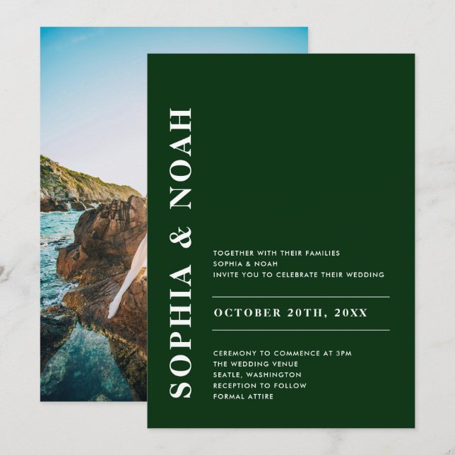 Invitación Moderna foto de Boda simple elegante verde esmeral (Anverso / Reverso)