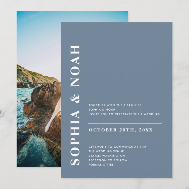 Invitación Moderna foto de Boda simple y elegante azul turque (Anverso / Reverso)