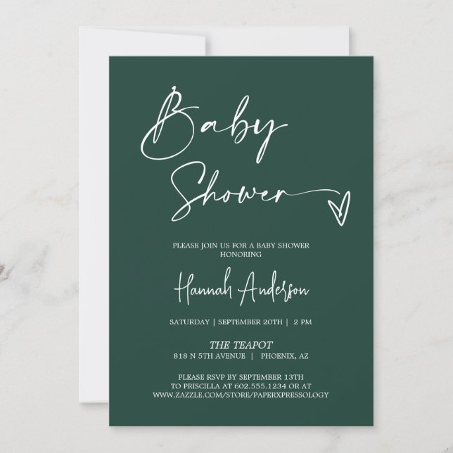 Invitación Moderna foto de código QR de Baby Shower verde esm (Anverso)