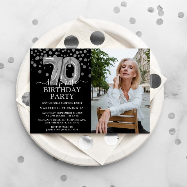 Invitación Moderna foto de cumpleaños 70 color negro y platea (Subido por el creador)