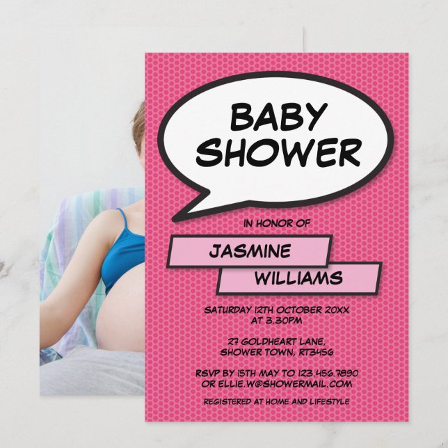 Invitación Moderna foto divertida de Baby Shower de bebé niña (Anverso / Reverso)
