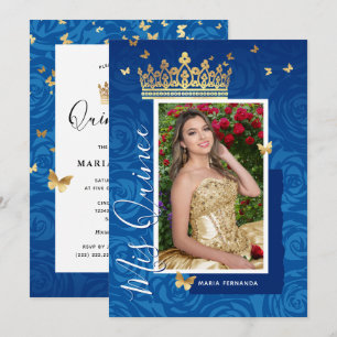 Invitación Moderna foto elegante de oro azul real Quinceanera