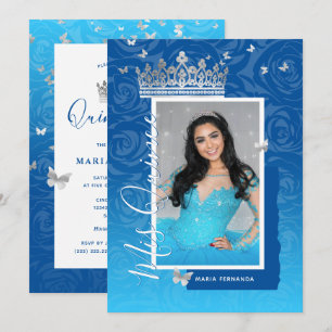 Invitación Moderna foto floral elegante azul real Quinceanera