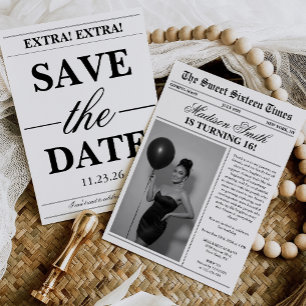 Invitación Moderna Foto Única de Periódico Dulces 16