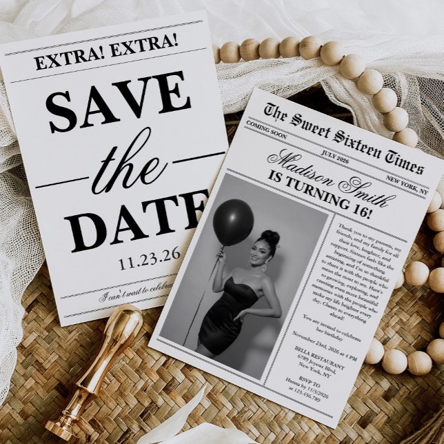 Invitación Moderna Foto Única de Periódico Dulces 16 (Subido por el creador)